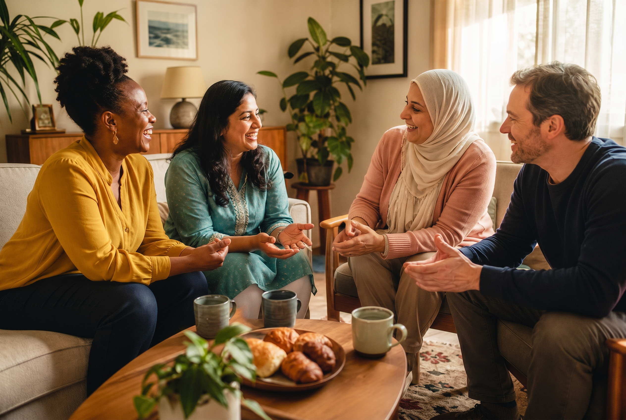 A diverse group of TempHo partners in a bright, airy living room sharing a warm, candid conversation